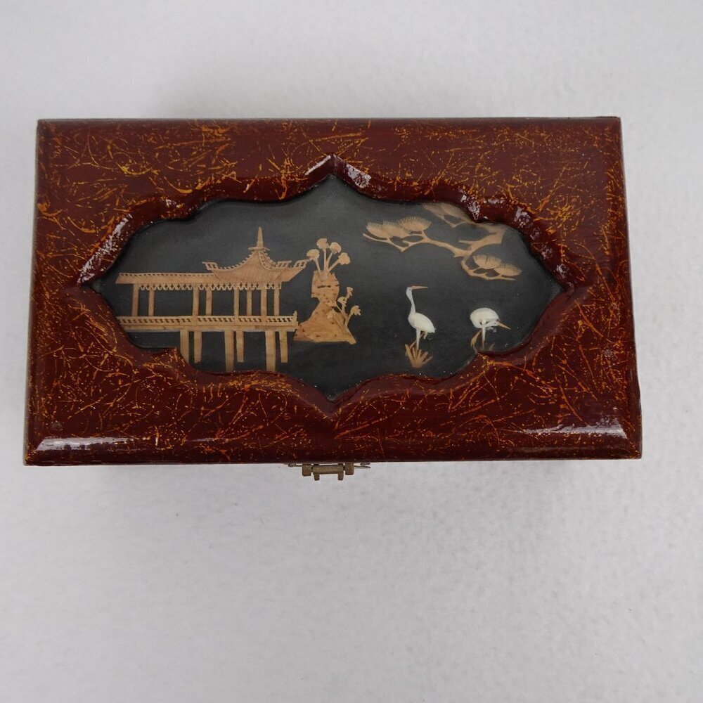 Vintage Asian Jewelry Box Lacquered Carved Diorama Art Inset Pagoda Lined
